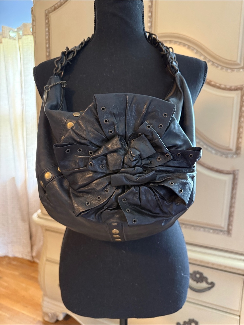 Betsey Johnson Black Leather Shoulder Bag with Floral Rosette
